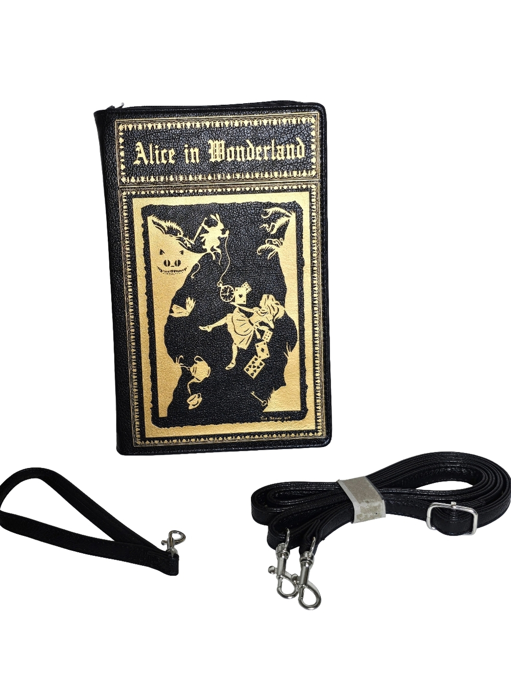 Alice in Wonderland Book Crossbody Bag Wristlet Black Gold Nwt - Picture 2 of 6